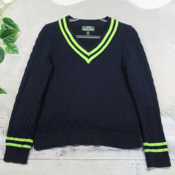 RALPH LAUREN Vintage Navy Blue V-Neck Cable Knit Tennis Sweater Women Size Large - Picture 3 of 13